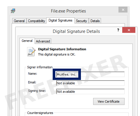 Screenshot of the McAfee, Inc. certificate
